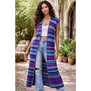 Women Homemade Boho Rainbow Striped Crochet Long Duster Hippie Cardigan Size Lg